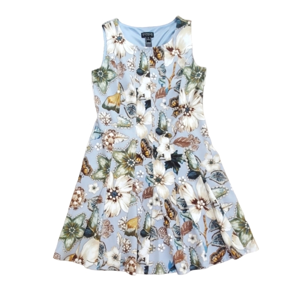 Enfocus Blue Floral Butterfly Green Exotic Yellow Sleeveless Fit Flare Dress 14
